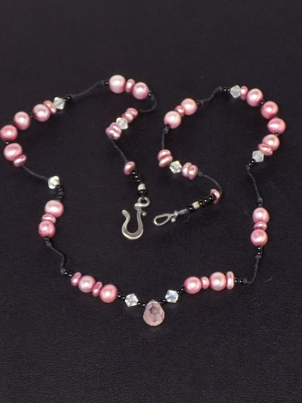 Vintage Signed BB Freshwater Pearl & Crystal Necklace Hand-Formed Sterling Clasp